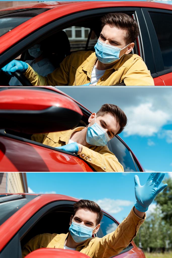 colagem com homem em máscara médica e luvas de proteção dirigindo táxi durante a pandemia de covid-19
 - Foto, Imagem