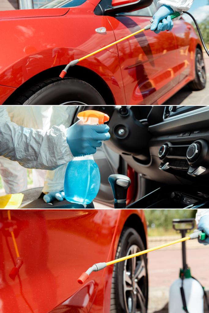 コロナウイルスのパンデミック時に消毒スプレーでハズマットスーツのクリーニング車の専門家とのコラージュ - 写真・画像