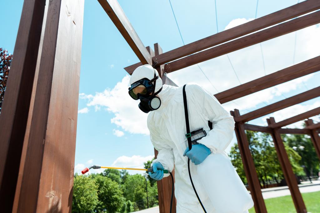specialist in hazmat pak en masker desinfecteren houten constructie in park tijdens coronavirus pandemie - Foto, afbeelding