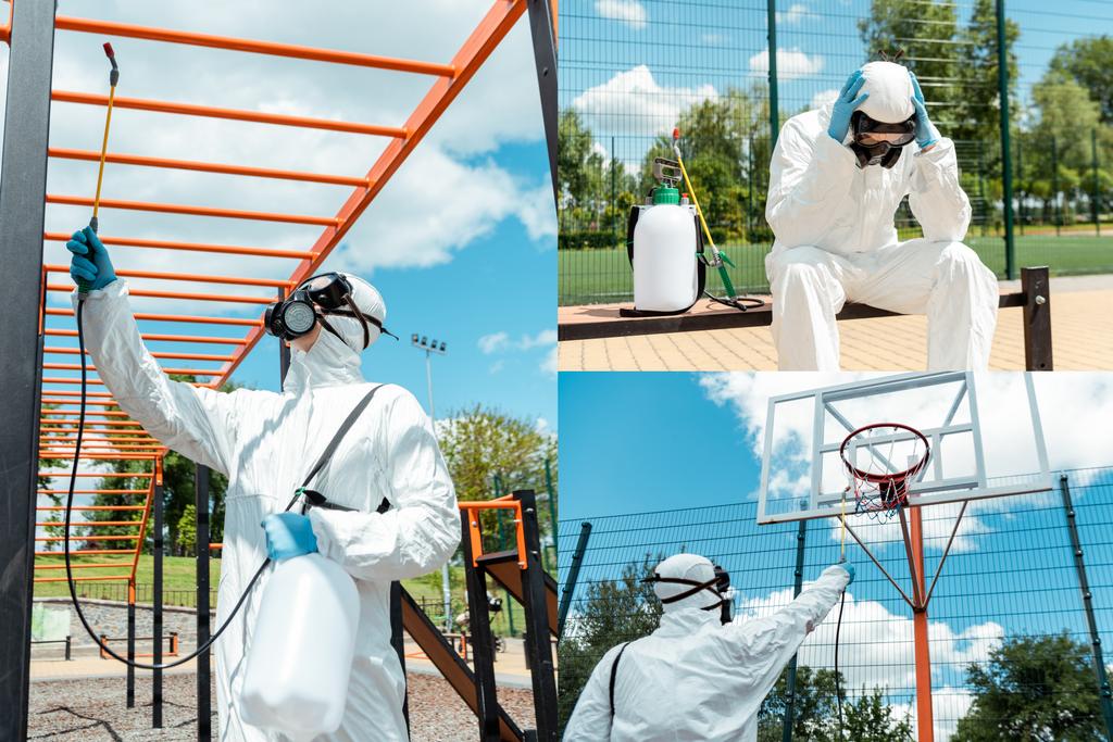 kolaż ze zestresowanym specjalistą w kombinezonie i respiratorze dezynfekującym boisko sportowe i boisko do koszykówki podczas pandemii covid-19 - Zdjęcie, obraz