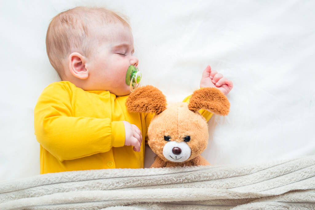 Detailní portrét spícího dítěte v objetí s hračkou a dudlíkem v ústech. - Fotografie, Obrázek