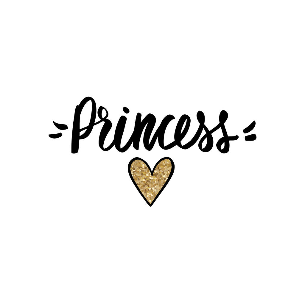 Πριγκίπισσα με γράμματα, χρυσό γκλίτερ στέμμα. Τυπογραφικό αποτύπωμα για παιδιά ή μωρά. Sparkle χέρι γράφοντας Καλλιγραφία φράση - Διάνυσμα, εικόνα