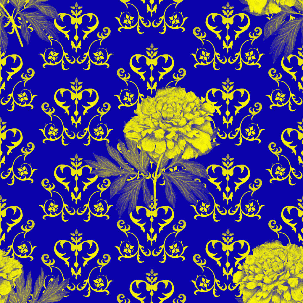 Patrón sin costura abstracto con peonías en flor sobre fondo decorativo. Estampado floral vintage. Dibujado a mano con lápiz de colores
. - Foto, imagen