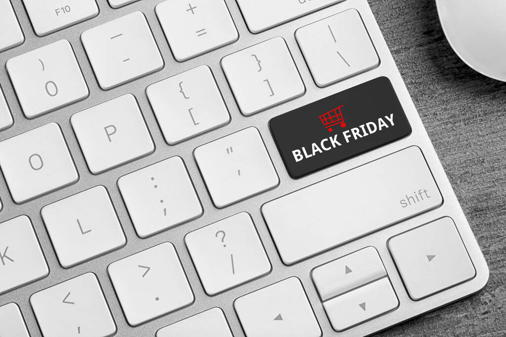 Computer keyboard with Black Friday button, closeup. Online shopping  - Photo, Image