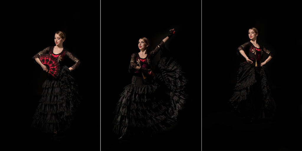 kollázs elegáns nő fan dance flamenco elszigetelt fekete  - Fotó, kép