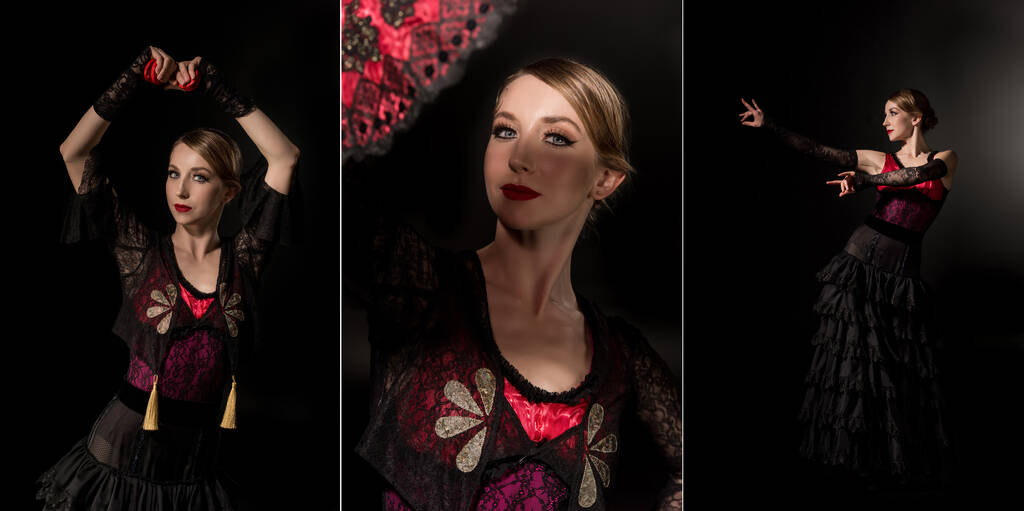 колаж красивої фламенко танцюрист тримає кастанець і вентилятор під час танців ізольовані на чорному
  - Фото, зображення