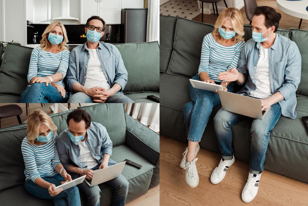 Collage de pareja madura en máscaras médicas utilizando dispositivos digitales en el sofá en casa
  - Foto, imagen