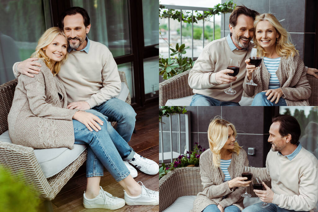 Collage of smiling mature couple drinking wine on wicker sofa on terrace  - Photo, Image