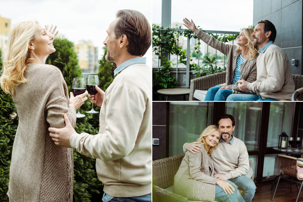Collage of mature couple embracing and drinking wine on terrace - Photo, Image