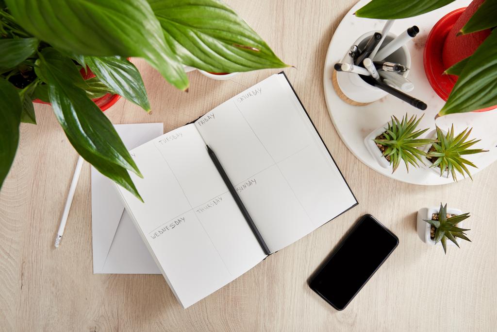 shora pohled na zelené rostliny, prázdný zápisník s tužkami a pery v blízkosti smartphonu na dřevěném povrchu - Fotografie, Obrázek