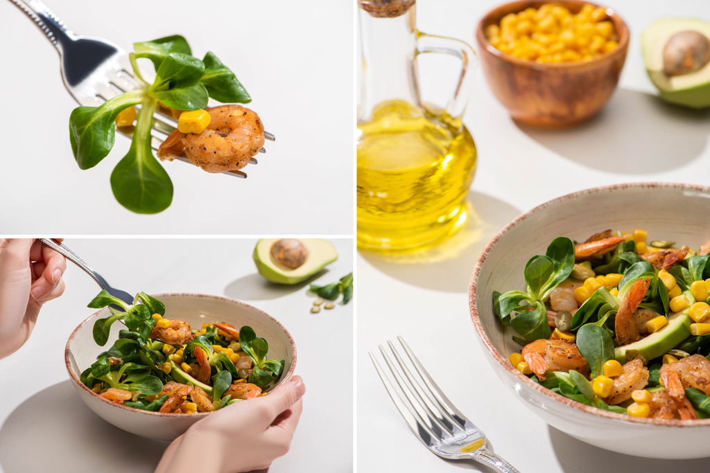collage of woman eating fresh green salad with corn, shrimps and avocado on white background - Photo, Image