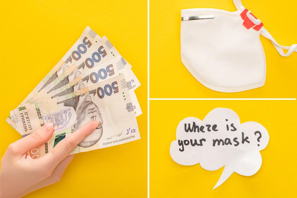partial view of woman holding Ukrainian banknotes near safety mask and speech bubble on yellow background, collage - Photo, Image