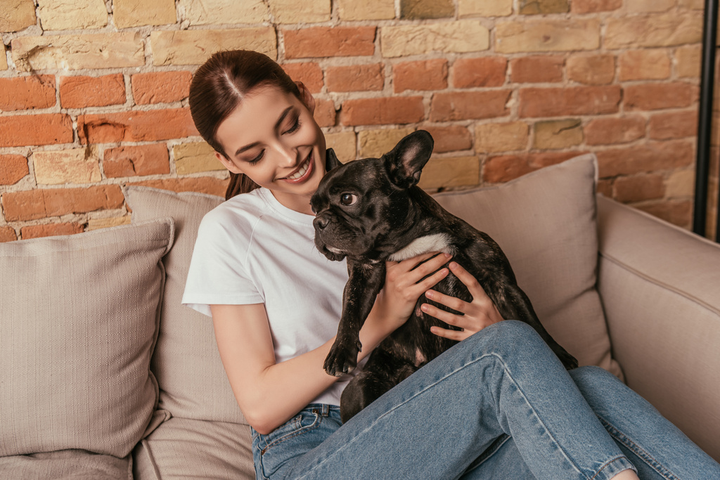 happy girl holding in arms cute french bulldog while sitting on sofa - Photo, Image
