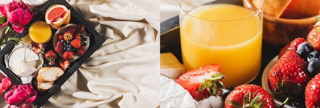 グレープフルーツ、カンベール、オレンジジュース、ベリー、バゲットとフランスの朝食のコラージュは、白いテーブルクロスの牡丹の近くのトレイに - 写真・画像