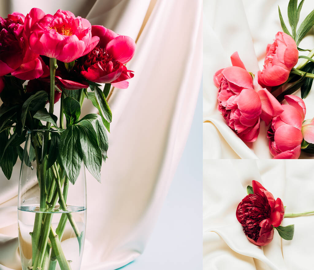 ベージュの布の近くのガラスの花瓶にピンクの牡丹の花束を背景にコラージュ ロイヤリティフリー写真 画像素材