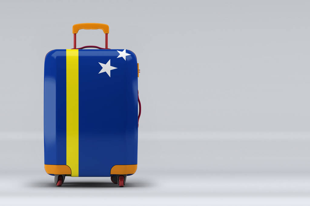 Renkli bavullarda Curacao ulusal bayrağı. Mesaj için yer var. Uluslararası seyahat ve turizm konsepti. 3B görüntüleme. - Fotoğraf, Görsel