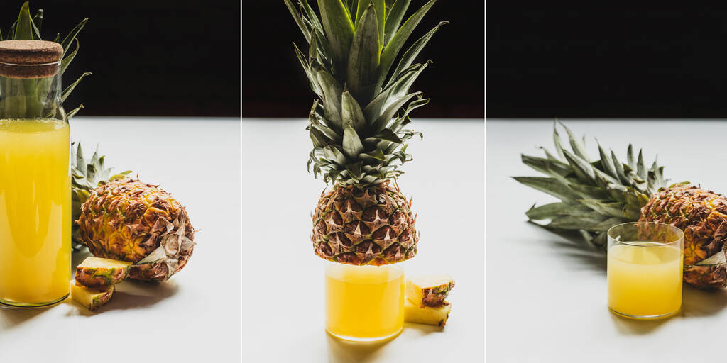 colagem de suco de abacaxi fresco em garrafa e vidro perto de cortar frutas deliciosas na superfície branca isolada em preto
 - Foto, Imagem