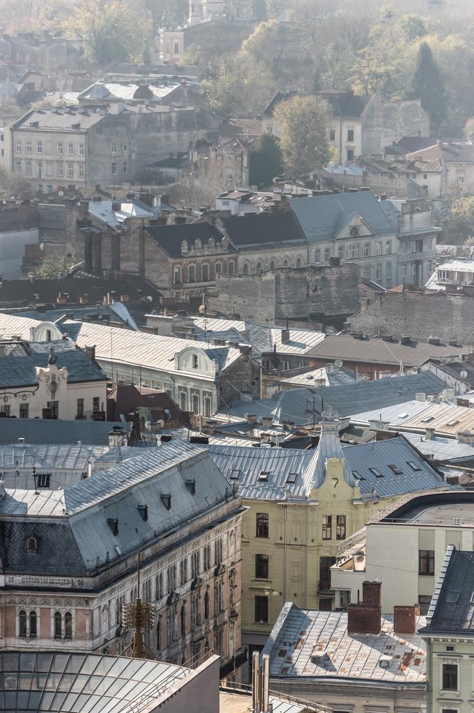 scenic aerial view of old houses in historical center of lviv, ukraine - Photo, Image