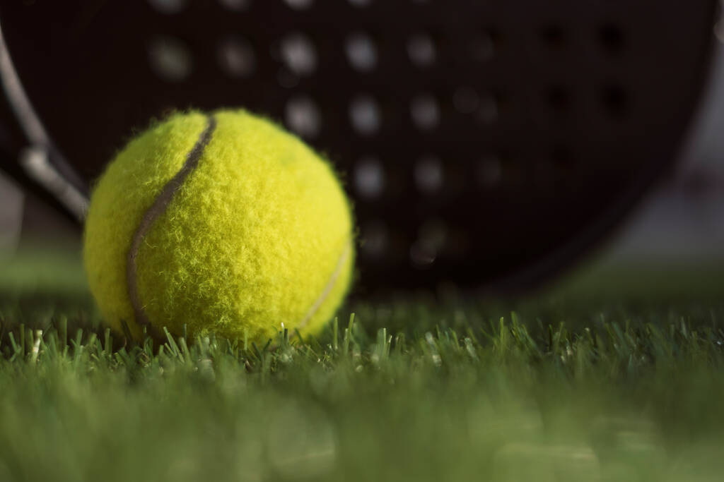 Paddle ρακέτα τένις και μπάλα σε χλοοτάπητα νεκρή φύση, επικεντρωθεί στην μπάλα - Φωτογραφία, εικόνα