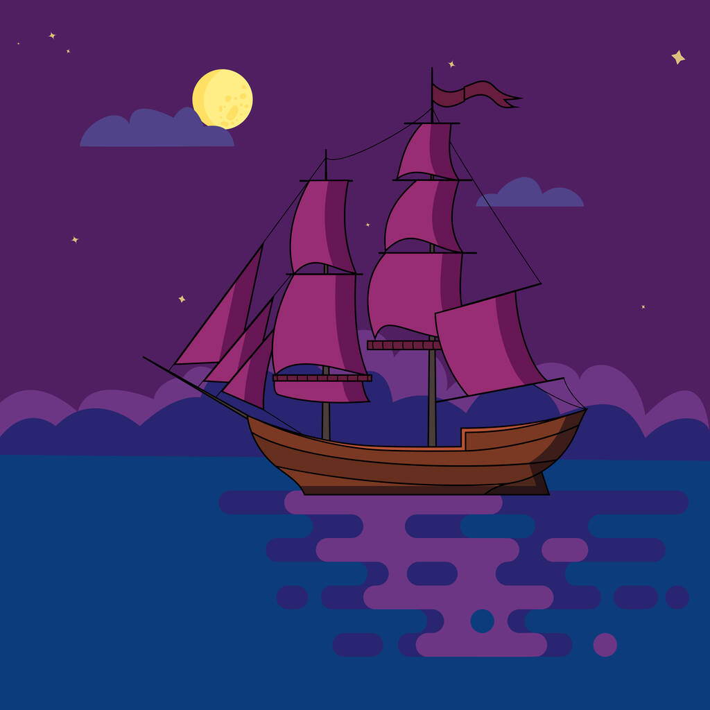 Navio com velas navegando à noite em luz da lua cheia sob céu estrelado em águas calmas do mar. Cartaz, impressão, cartão postal. Ilustração vetorial
 - Vetor, Imagem