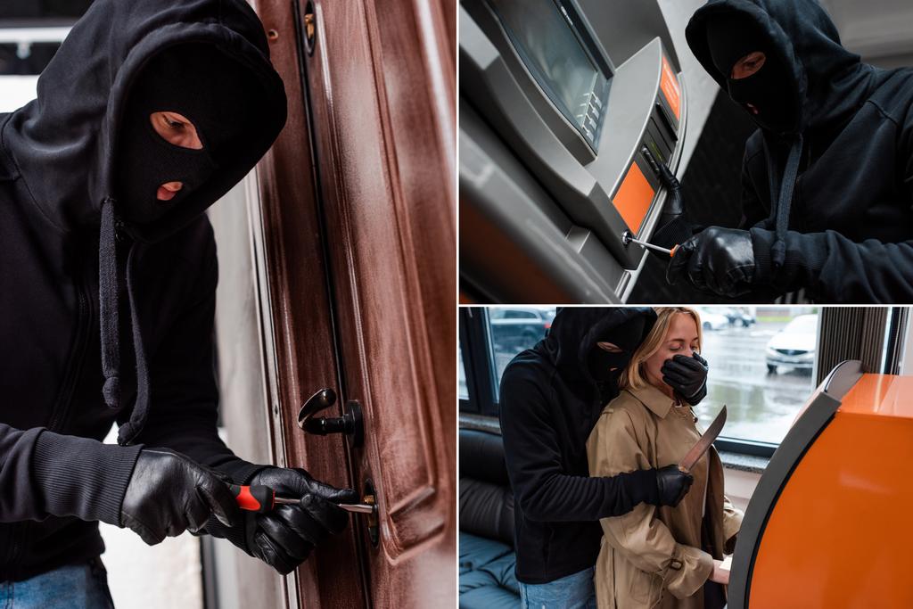 Koláž lupiče otvírání dveří zámek a krádež žena v blízkosti bankomatu  - Fotografie, Obrázek