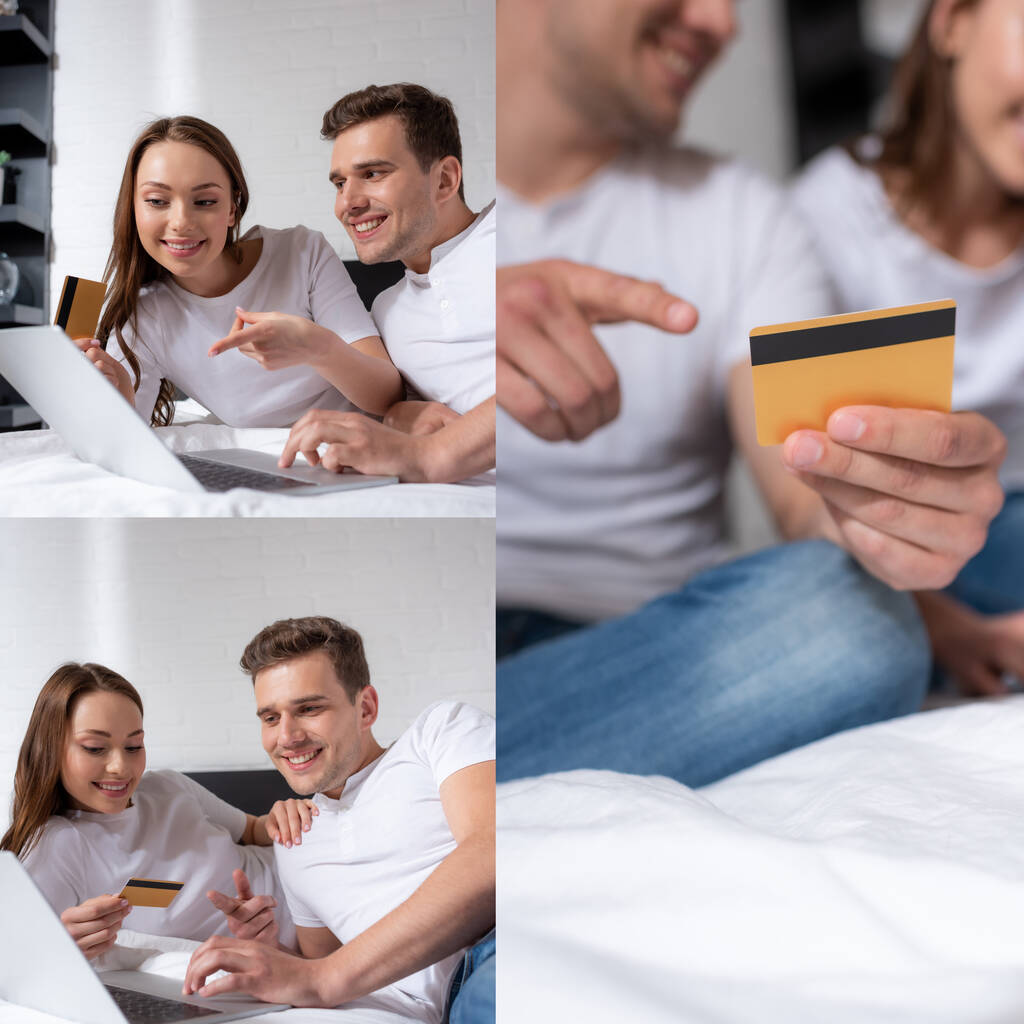 κολάζ της ευτυχούς γυναίκας δείχνοντας με το δάχτυλο στο φορητό υπολογιστή και κρατώντας πιστωτικές κάρτες, ενώ online ψώνια με το φίλο  - Φωτογραφία, εικόνα