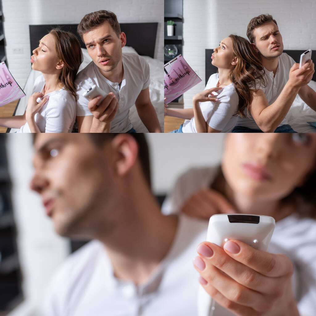 collage de femme tenant des magazines, se sentant chaud et utilisant la télécommande près du petit ami tout en refroidissant appartement
  - Photo, image