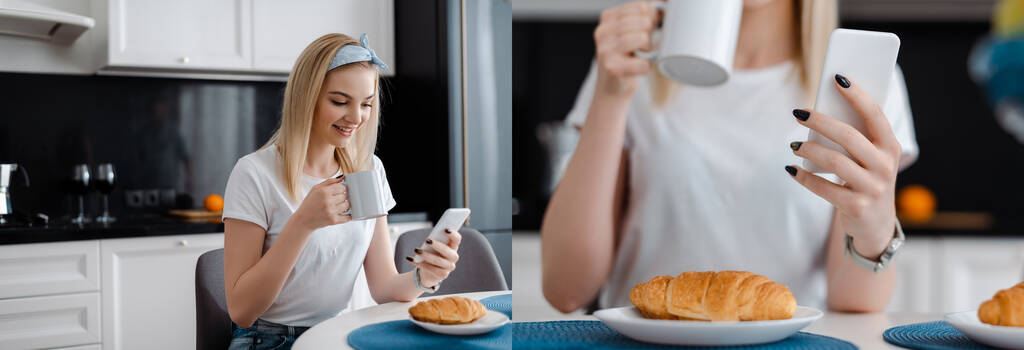 collage de chica feliz usando teléfonos inteligentes y sosteniendo tazas cerca de croissants
  - Foto, imagen