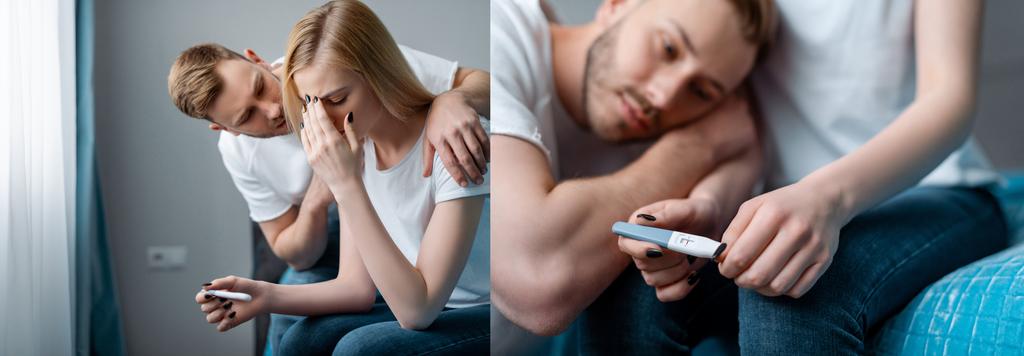 koláž smutného muže v blízkosti frustrované přítelkyně držící těhotenský test s negativním výsledkem  - Fotografie, Obrázek