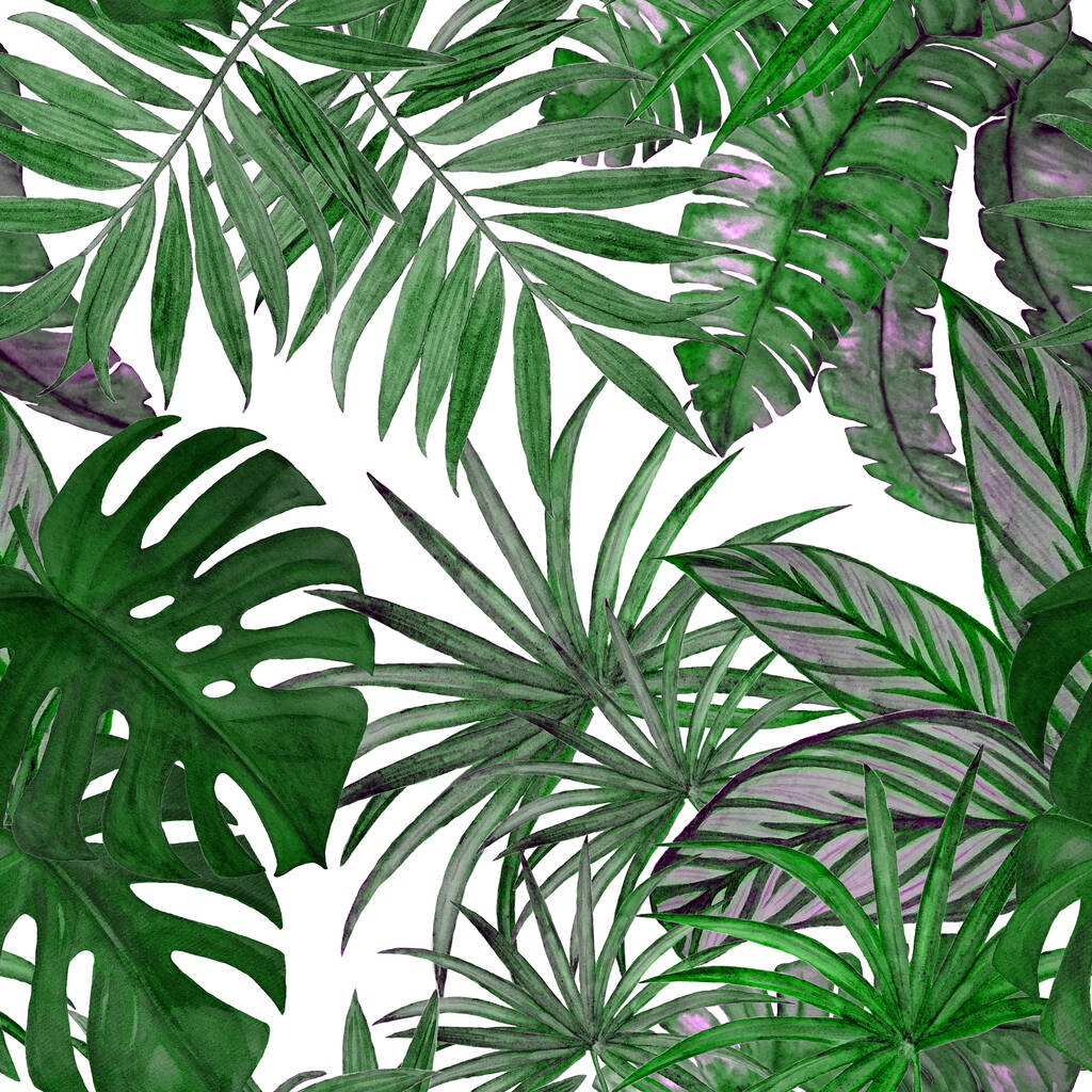 Hawaiianisches nahtloses Muster mit tropischen Blättern in Aquarell. Exotischer Sommerdruck. Handgezeichnete Illustration. - Foto, Bild