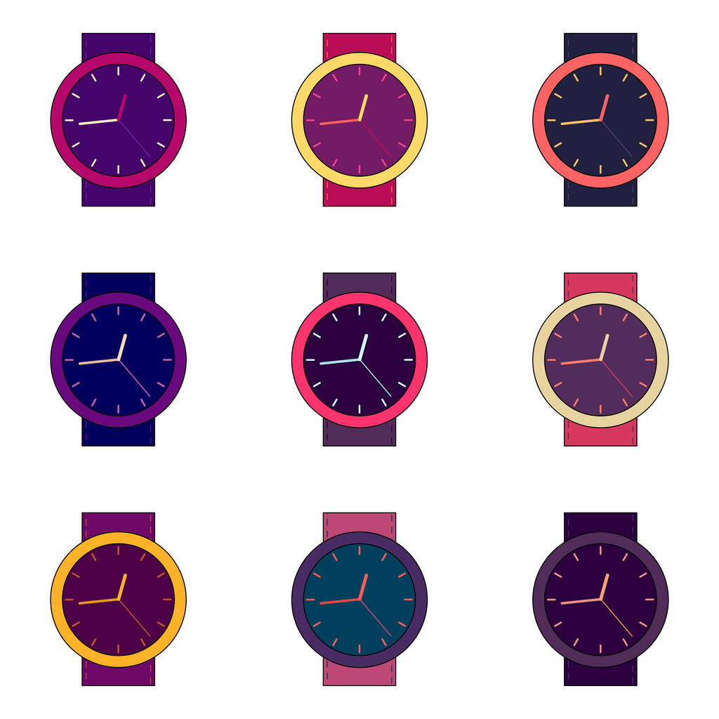 Set heller mehrfarbiger lila einfacher Armbanduhren. Nahtloses Muster im flachen Stil - Vektor, Bild