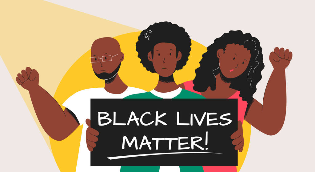 Drie Afro-Amerikaanse demonstranten met opgeheven vuisten en Black Lives Matter internationale mensenrechtenbeweging poster. - Vector, afbeelding