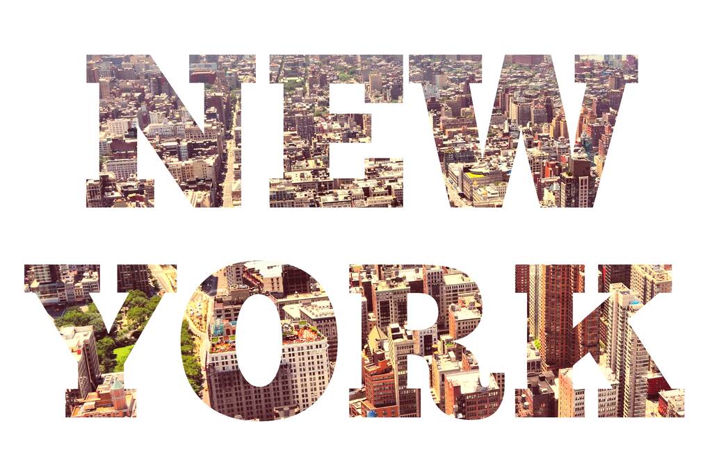 Sinal de cidade de Nova York - nome da cidade com foto de cartão postal de viagem de fundo
. - Foto, Imagem
