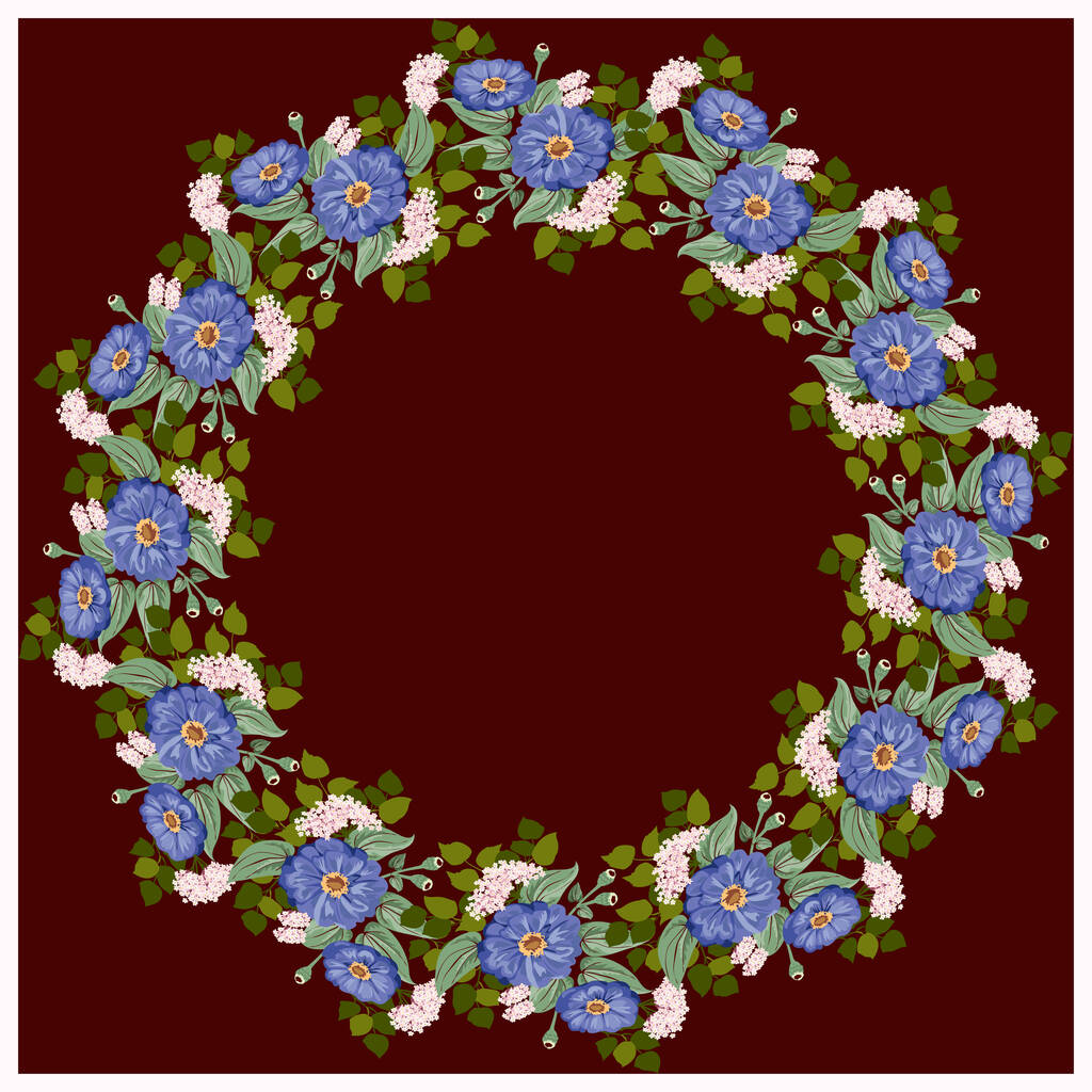 Floral στρογγυλό πλαίσιο από χαριτωμένα λουλούδια zinnia, ασημένιο κλάδο ευκαλύπτου, ιτιά. Υποδεχτείτε το πρότυπο καρτών. Σχέδιο για την αφίσα, μπλουζάκι, μαξιλάρι, διακόσμηση σπιτιού. Καλοκαιρινά λουλούδια με πράσινα φύλλα. - Διάνυσμα, εικόνα