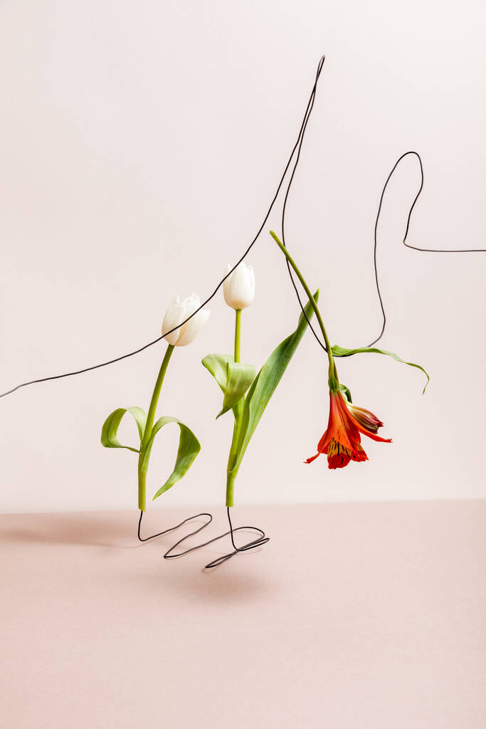 květinová kompozice s bílými tulipány a červenou alstroemerií na vodičích izolovaných na béžové - Fotografie, Obrázek