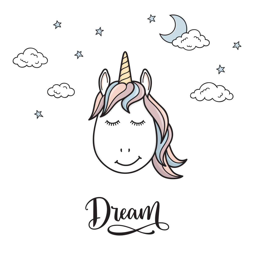 Cute jednorożca głowa z zamkniętymi oczami, otoczony przez księżyc, gwiazdy i chmury, i Dream ręcznie pisana typografia - Wektor, obraz