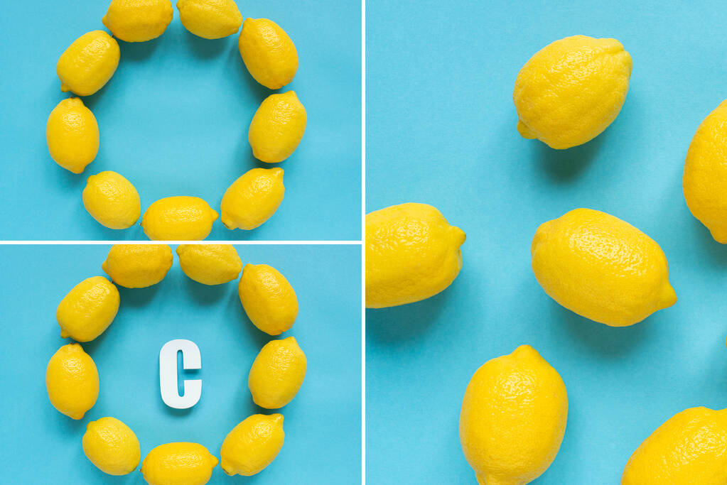 青い背景に熟した黄色のレモンと手紙Cのトップビュー,コラージュ - 写真・画像