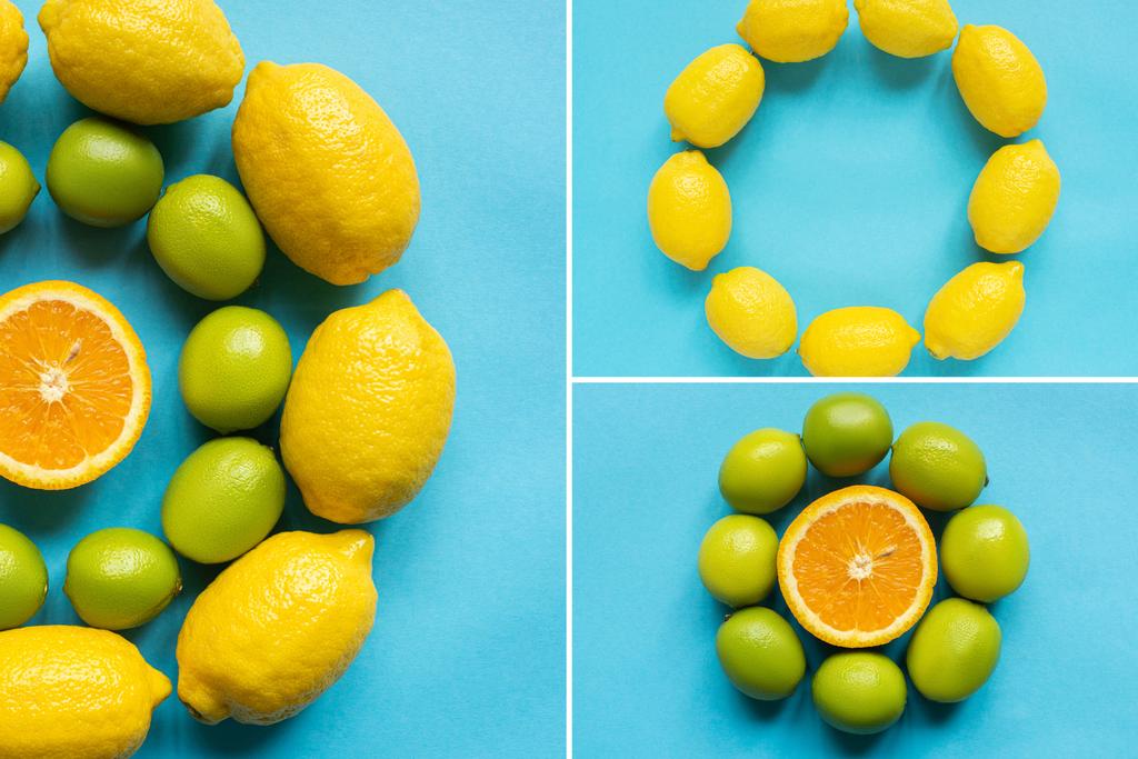 vue du dessus des citrons jaunes mûrs, orange et citrons verts disposés en cercles sur fond bleu, collage
 - Photo, image