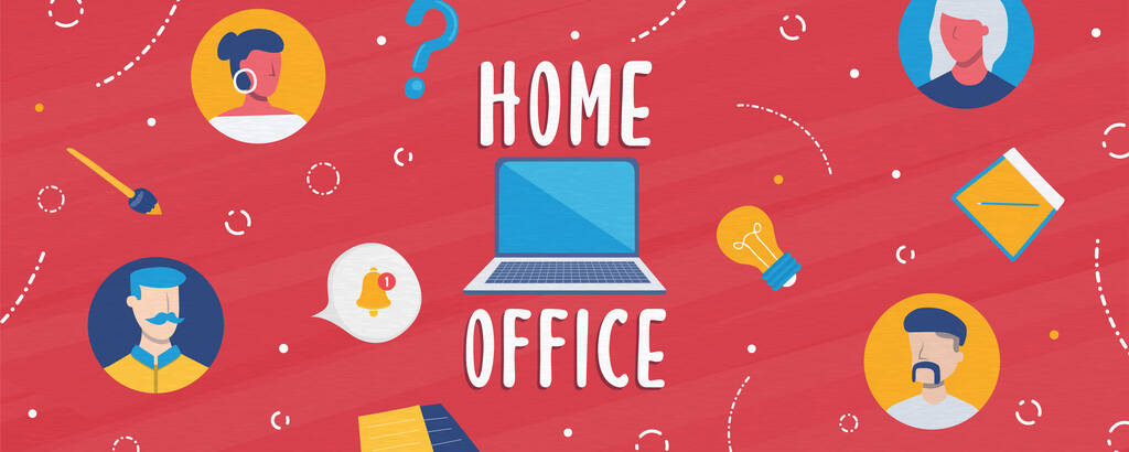 Home Office Flachbanner Illustration für Online-Business-Jobs oder Arbeitsteams Meetings in Quarantäne-Zeiten. Laptop am häuslichen Arbeitsplatz mit vernetzten Menschen. - Vektor, Bild
