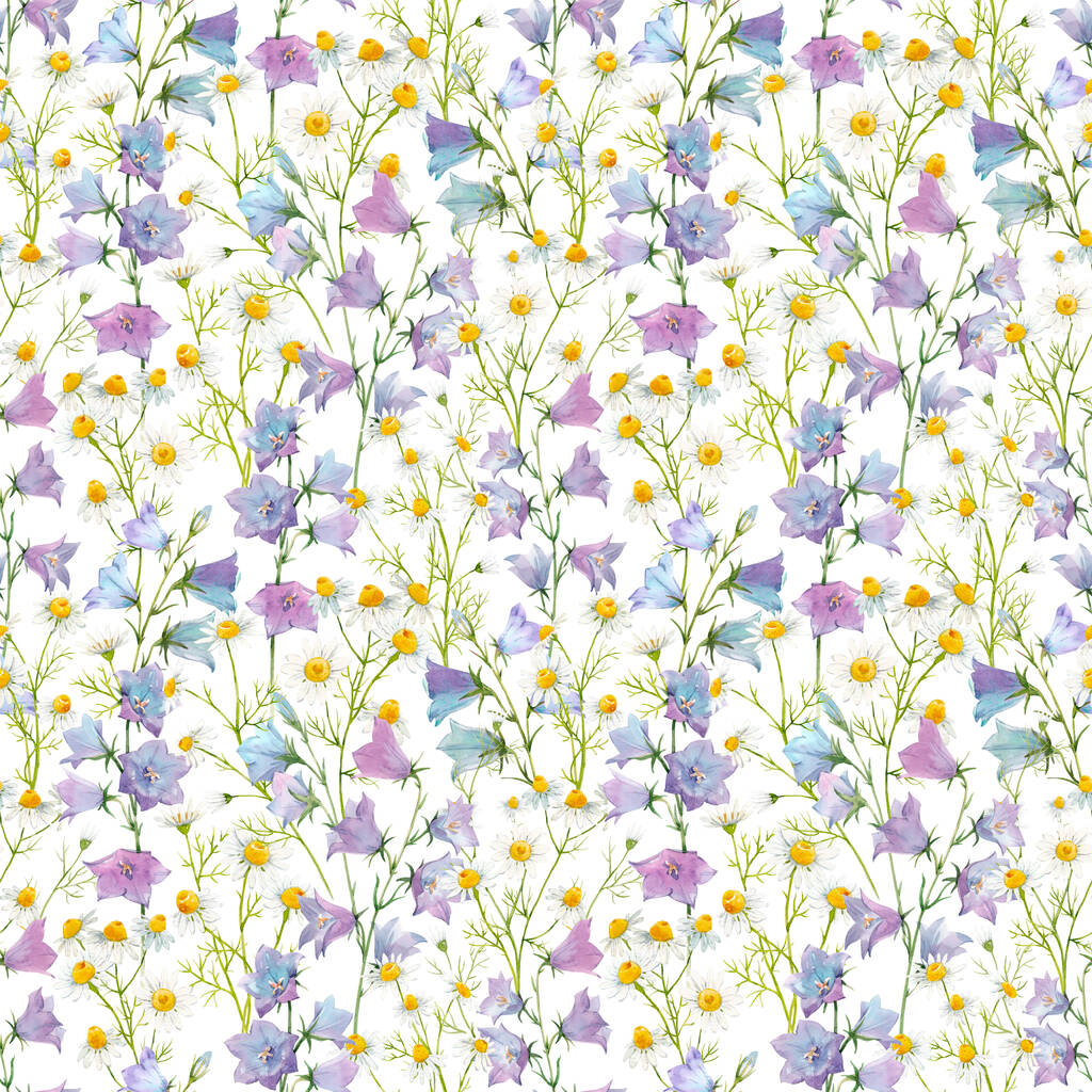 Beautiful seamless floral pattern with watercolor gentle summer bluebell and chamomile flowers. Stock illustration. - Photo, Image