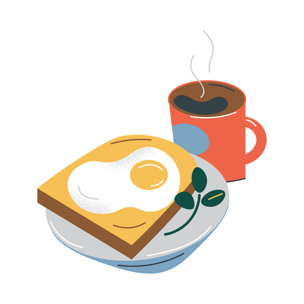 Υγιεινό πρωινό με τοστ με τηγανητό αυγό και τσάι - Διάνυσμα, εικόνα