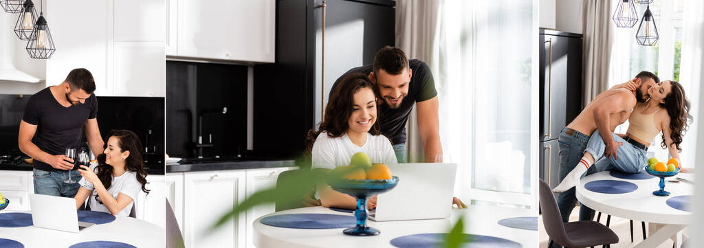 colagem de casal copos de vinho clinking, usando laptops e beijando na cozinha
  - Foto, Imagem
