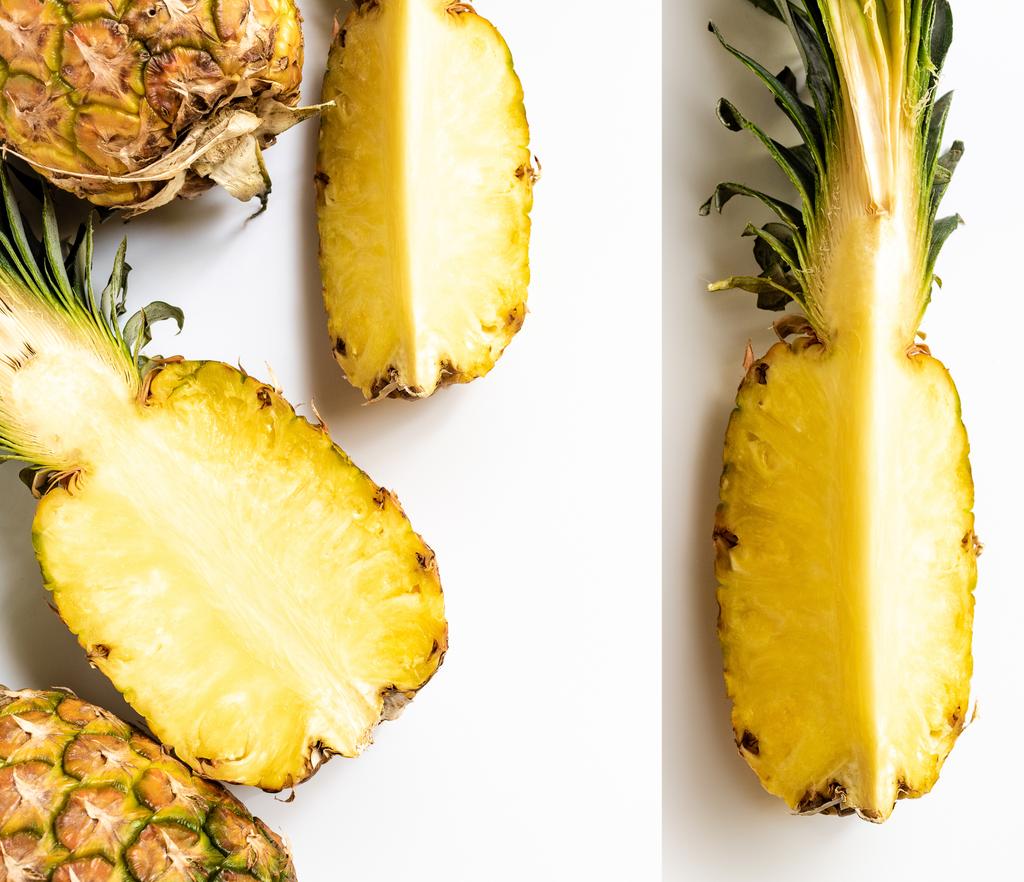 Collage reifer saftig geschnittener Ananas mit grünen Blättern auf weißem Hintergrund - Foto, Bild