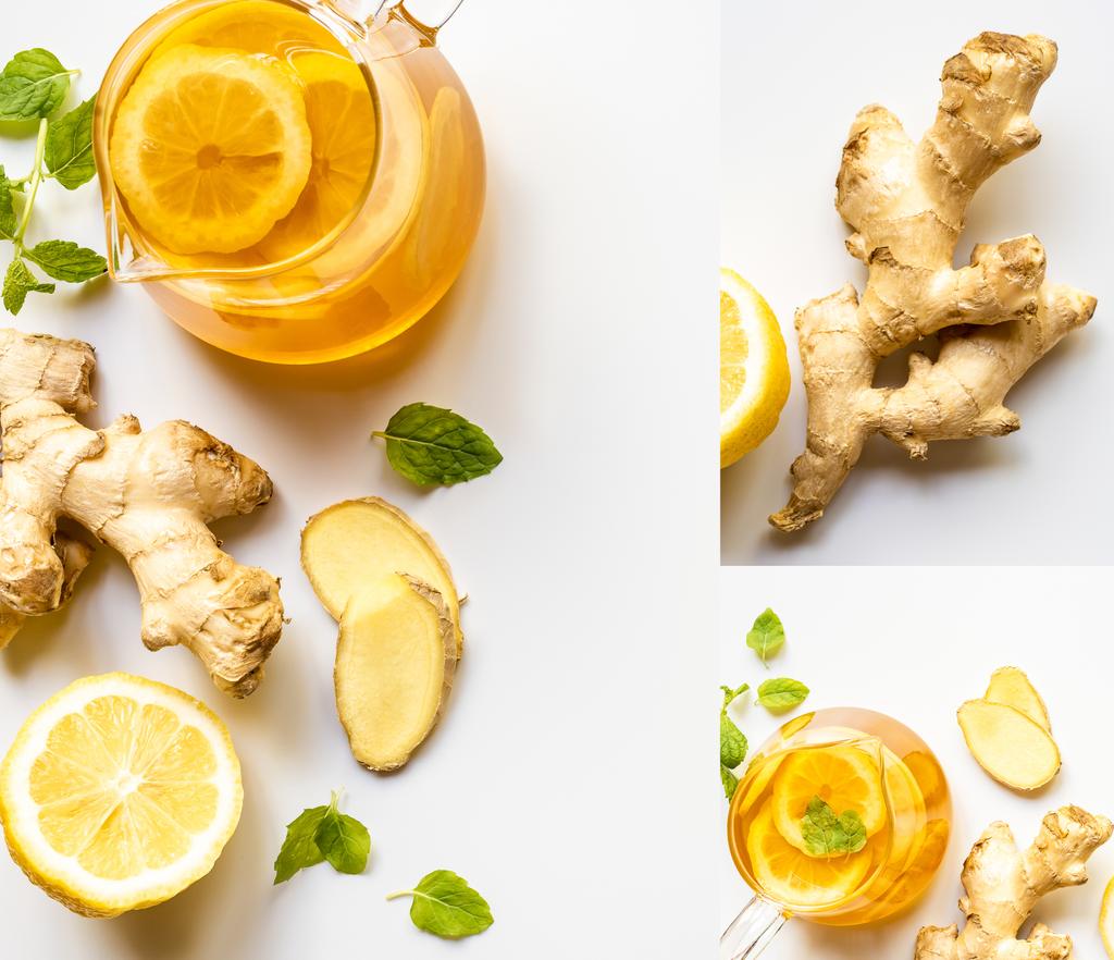collage of hot tea near ginger root, lemon and mint on white background - Photo, Image