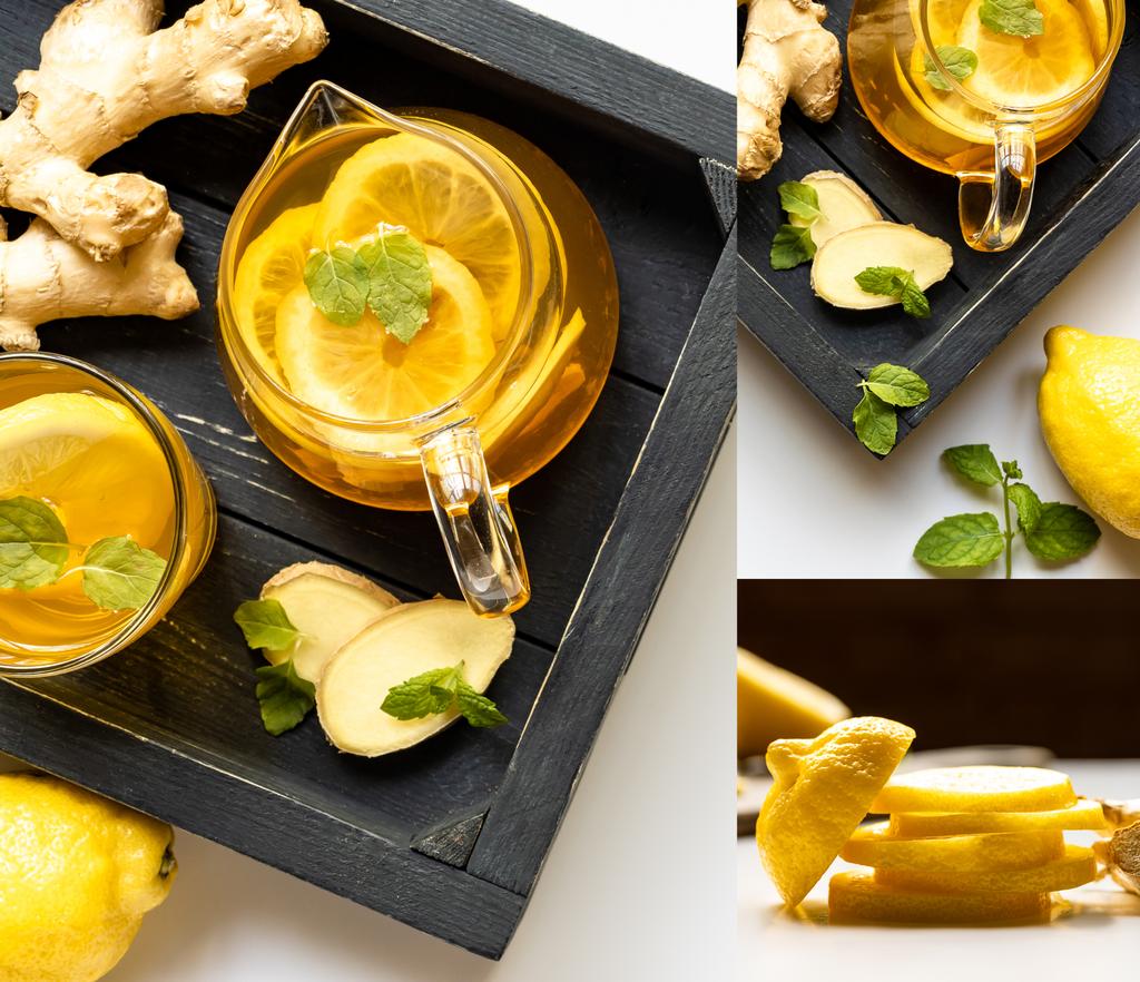 collage de té caliente cerca de raíz de jengibre, limón y menta en bandeja de madera sobre fondo blanco
 - Foto, Imagen