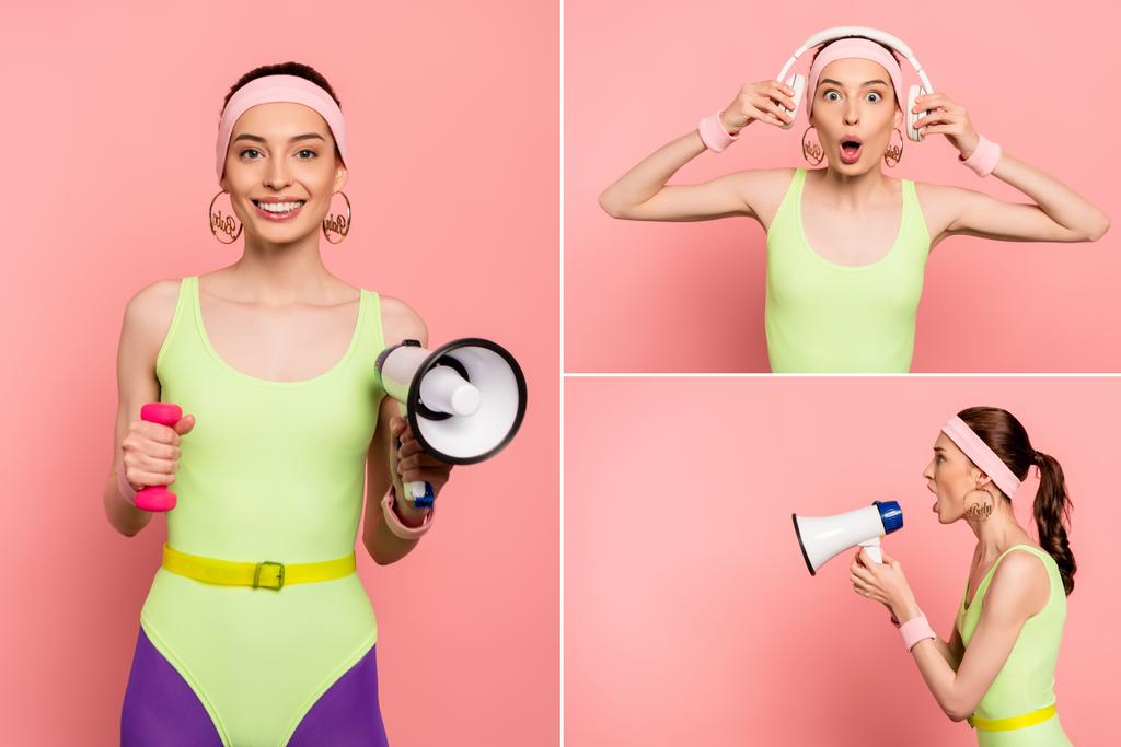 collage of woman holding loudspeakers and touching headphones on pink  - Photo, Image