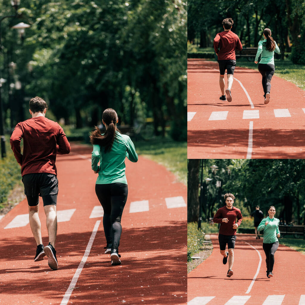 Collage de couple en tenue de sport jogging sur piste de course dans le parc - Photo, image