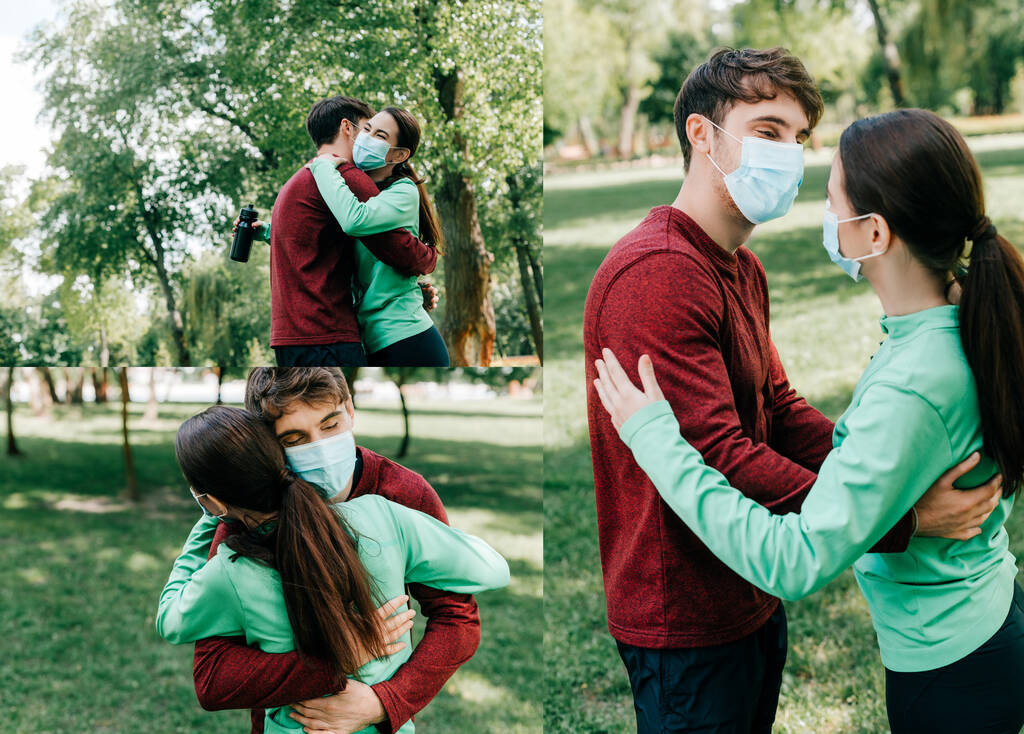 Collage de pareja en máscaras médicas y ropa deportiva abrazando en parque
  - Foto, imagen
