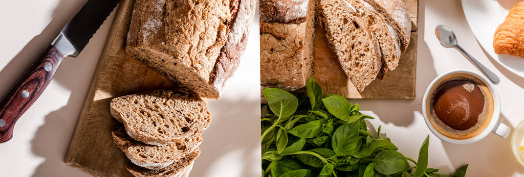 κολάζ με ψωμί, πράσινο και φλιτζάνι καφέ για πρωινό σε γκρι τραπέζι, κεφαλίδα ιστοσελίδα - Φωτογραφία, εικόνα