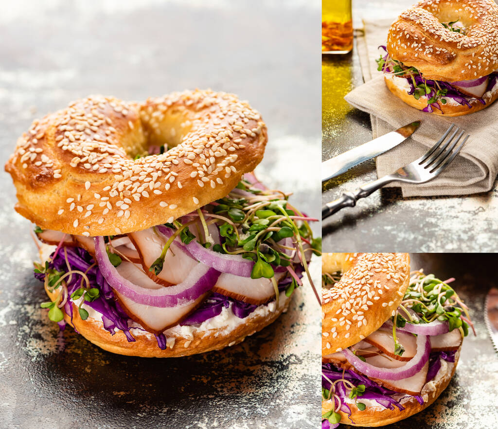 collage of fresh delicious bagel with meat, red onion, cream cheese and sprouts on textured surface with cutlery - Photo, Image